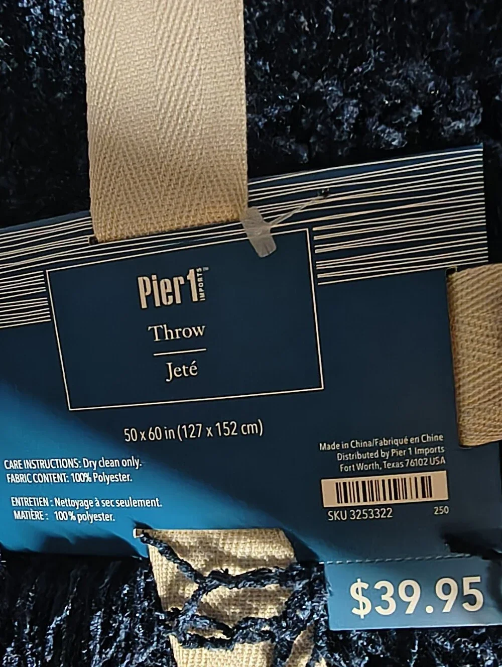 Pier 1 Navy Blue Throw Blanket. New